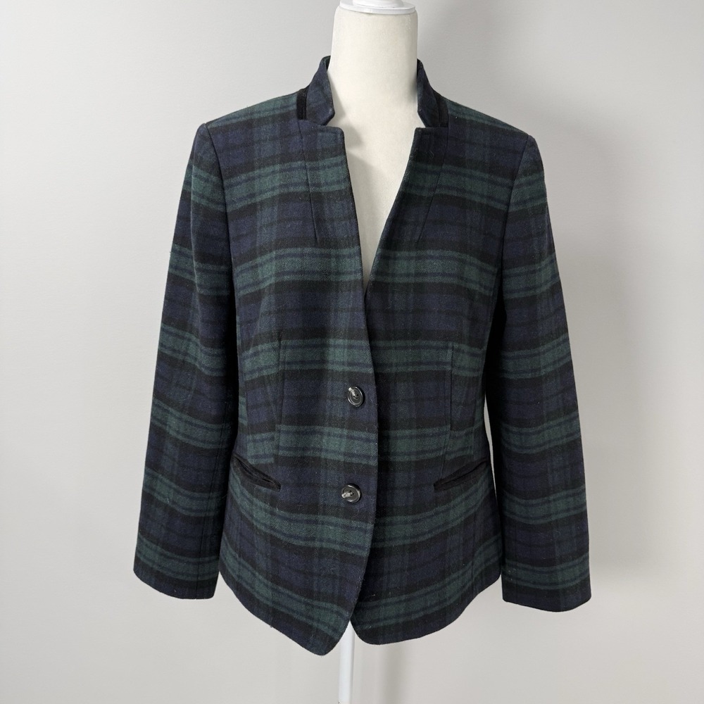 Talbots Womens Watch Plaid Wool Blend Blazer Womens 14 Navy Green Tartan Jacket